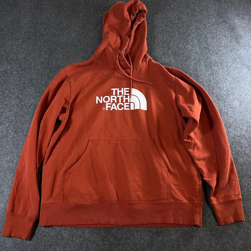 The North Face Mens Large Burnt Orange Logo Pullover Hoodie Sweatshirt Rust